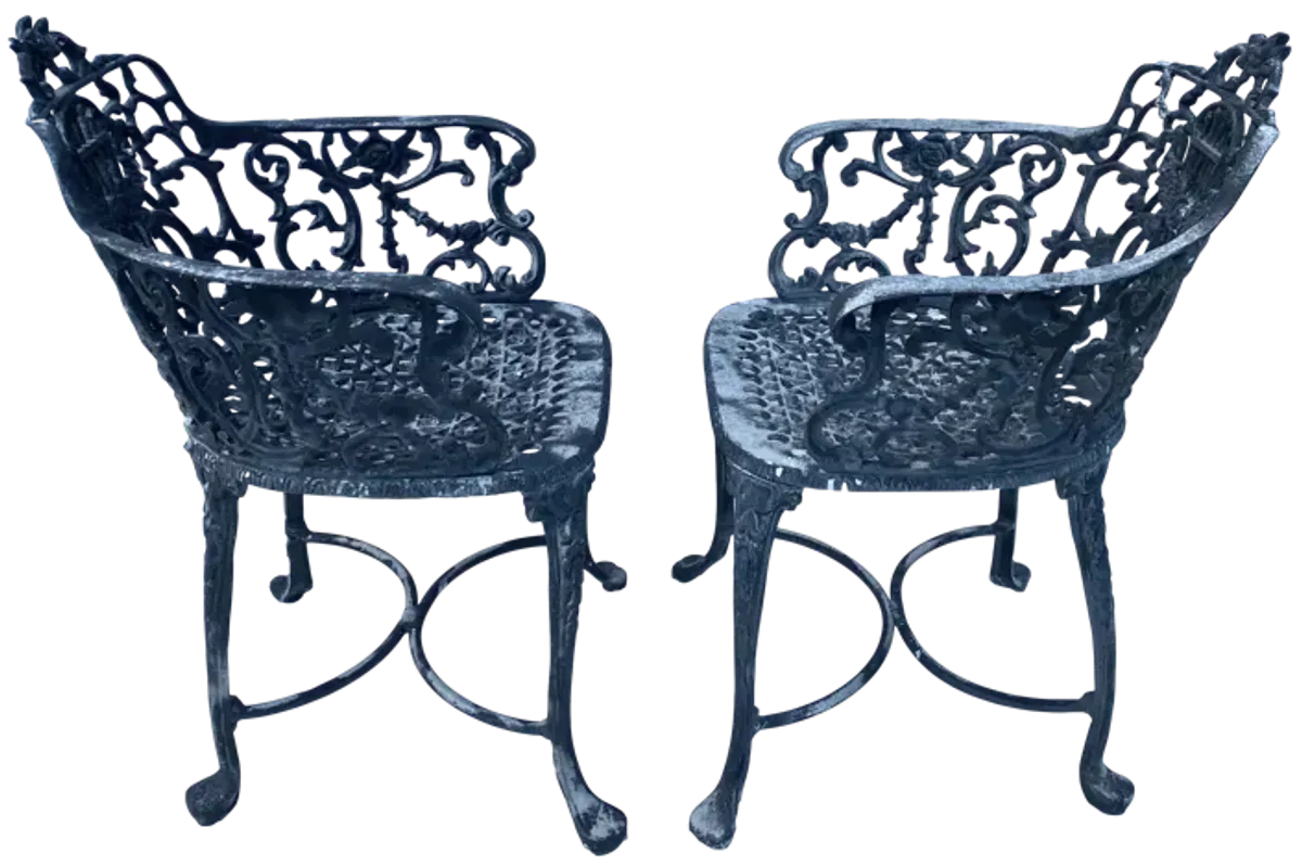 Antique Iron Lyre Back Garden Armchairs - Black