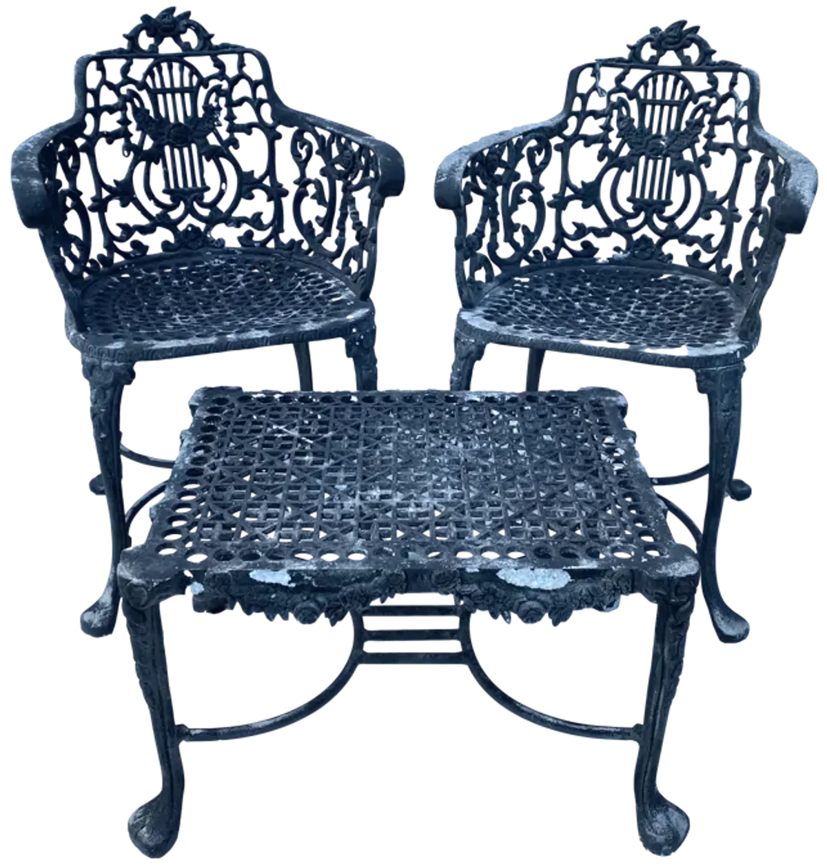 Antique Iron Lyre Back Garden Armchairs - Black