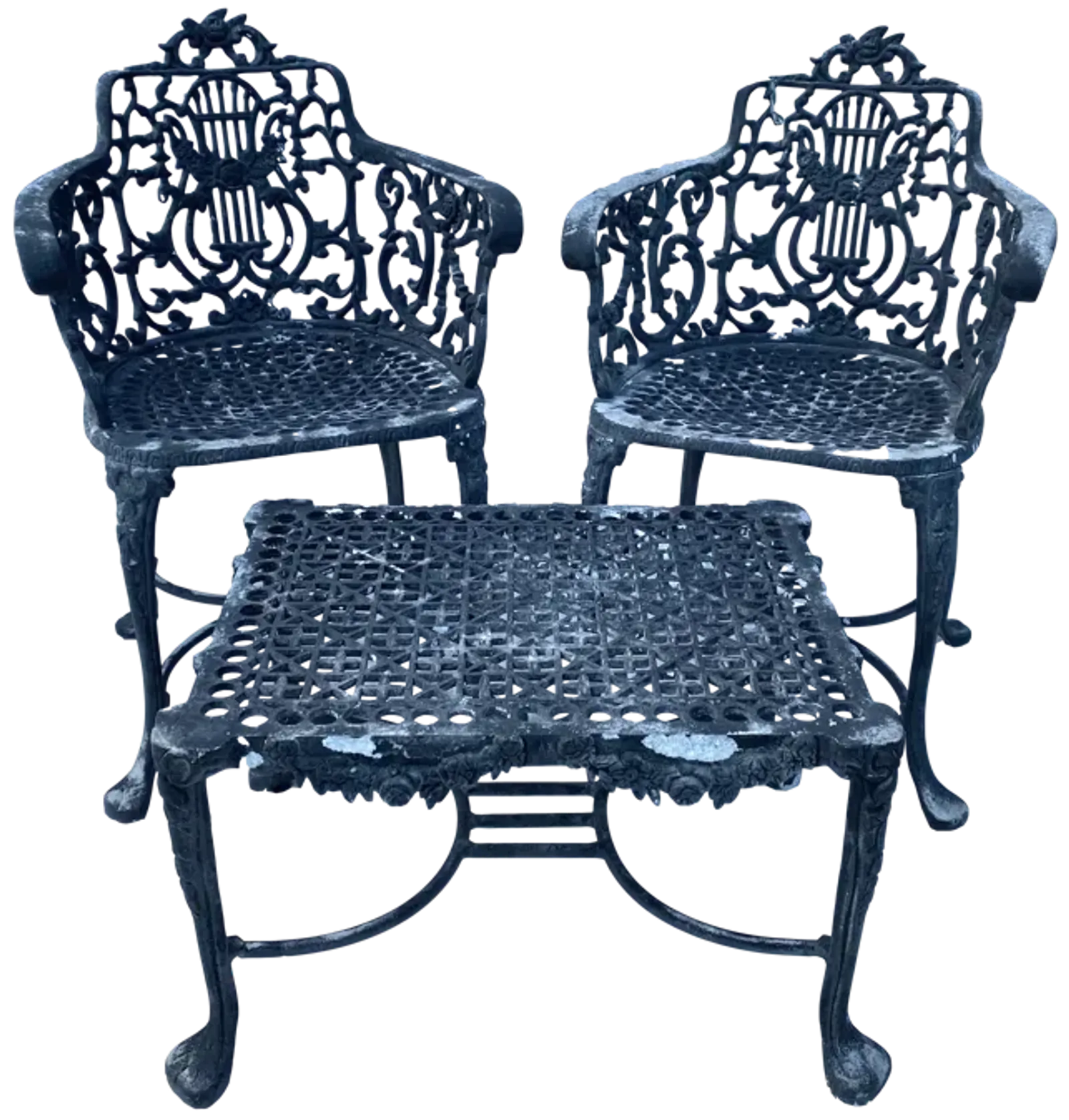 Antique Iron Lyre Back Garden Armchairs - Black