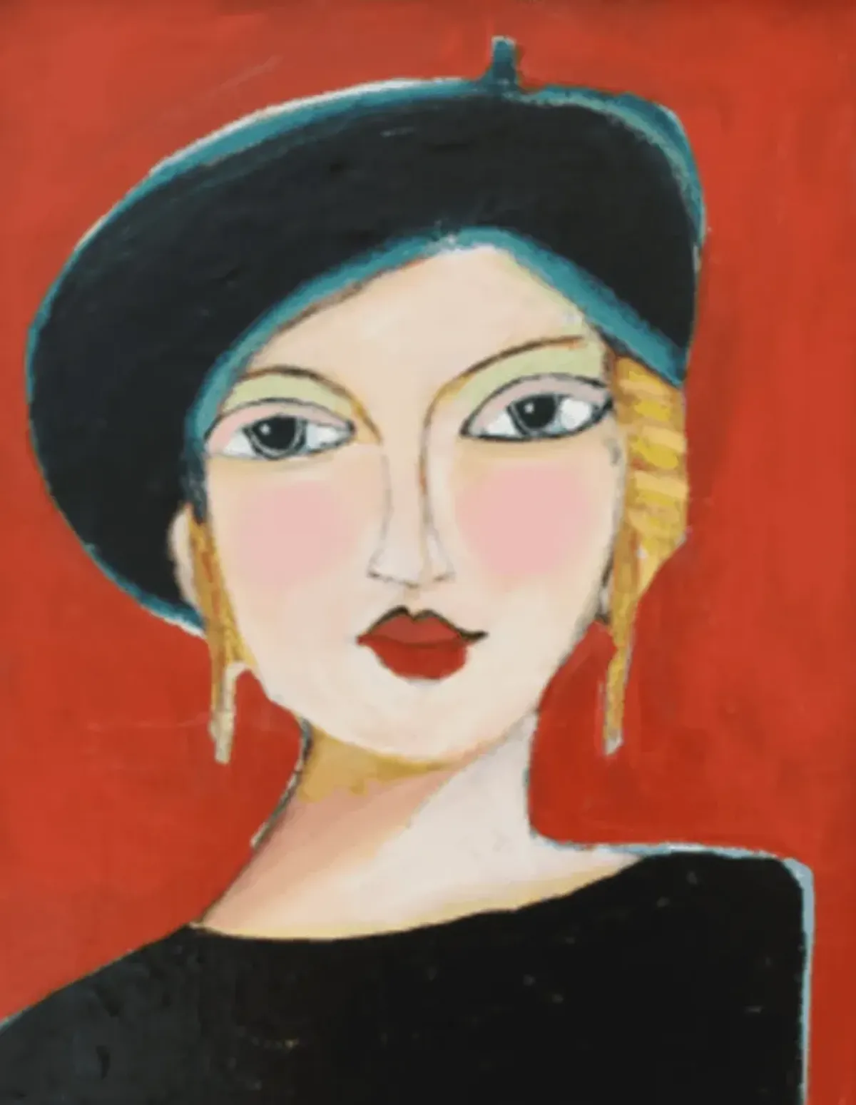 French Mademoiselle Black Beret Portrait - Red