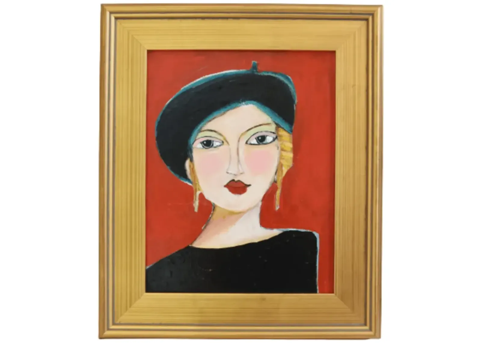 French Mademoiselle Black Beret Portrait - Red