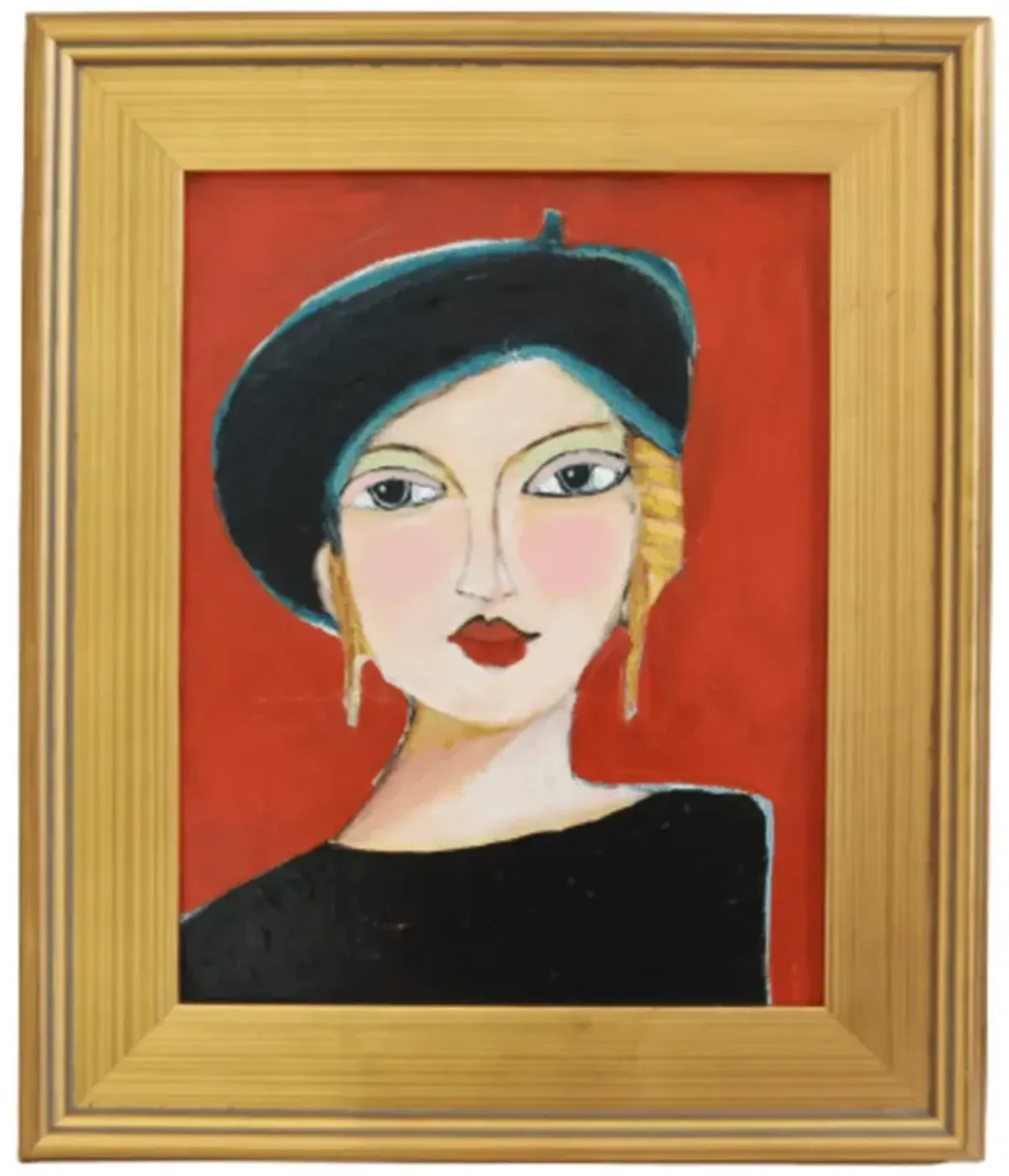 French Mademoiselle Black Beret Portrait - Red