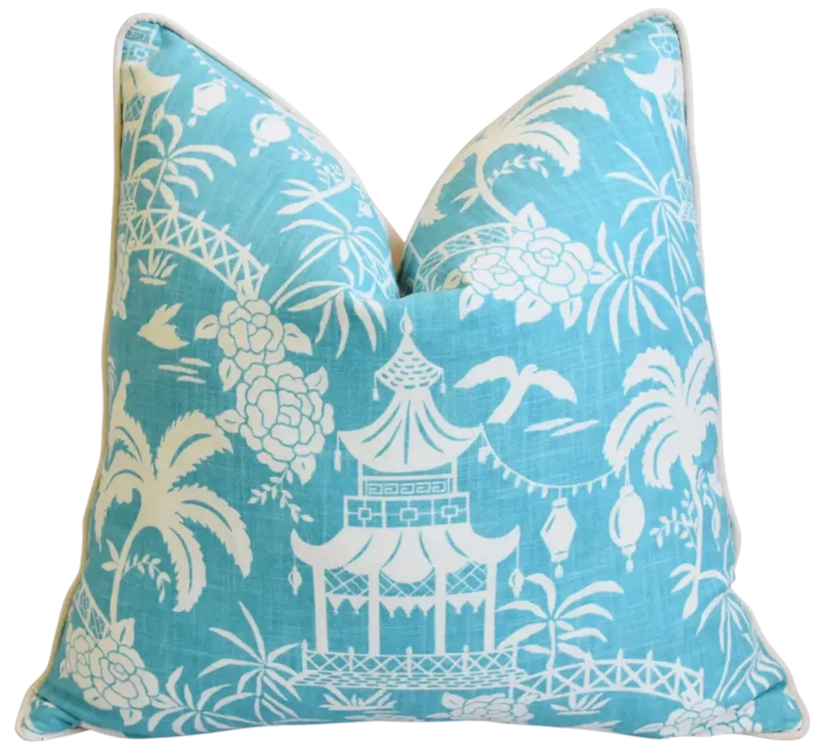 Aqua & White Chinoiserie Pagoda Pillow