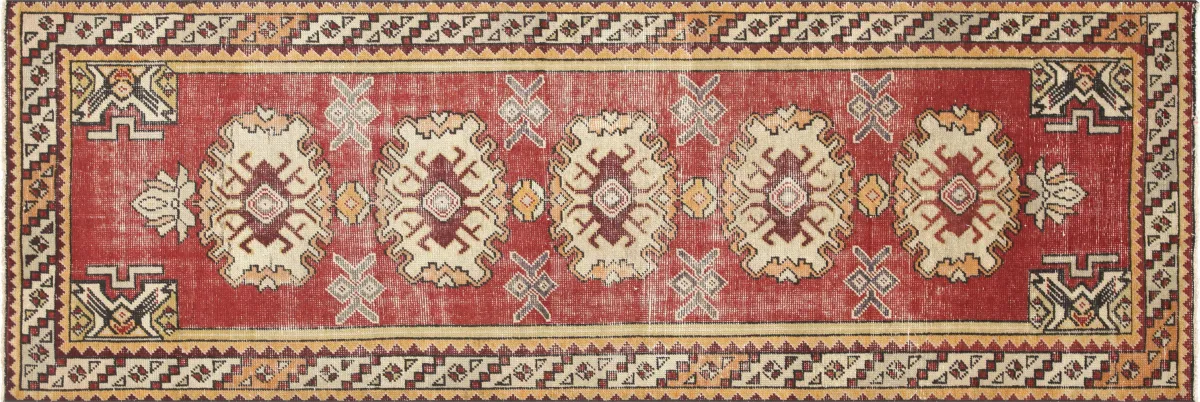 1960s Turkish Oushak Runner -3'2" x9'4" - Red