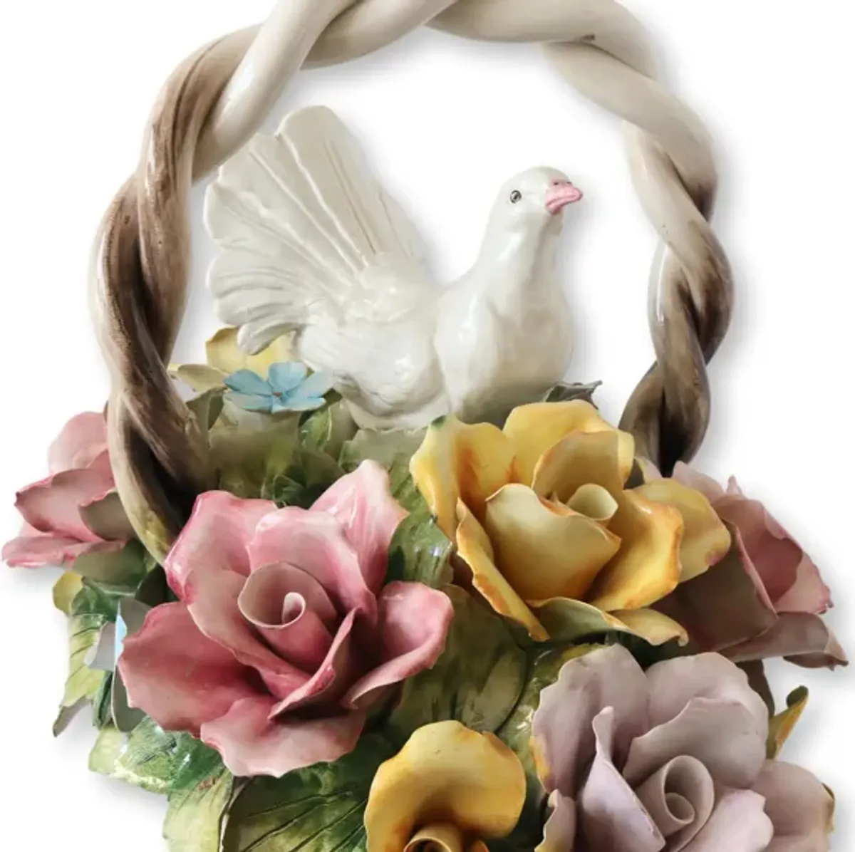 Italian Capodimonte Flower Basket w/Dove - Handcrafted