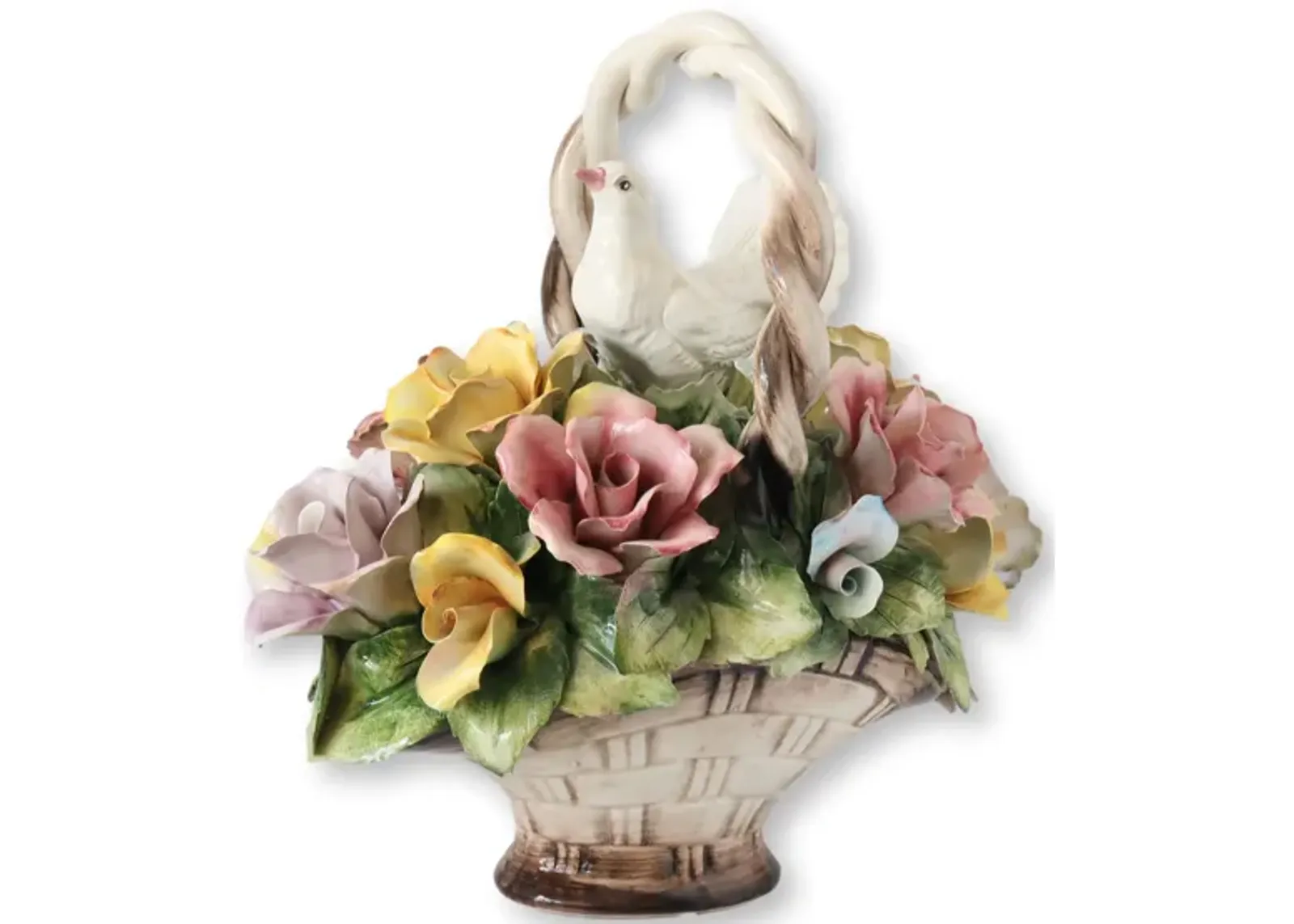 Italian Capodimonte Flower Basket w/Dove - Handcrafted