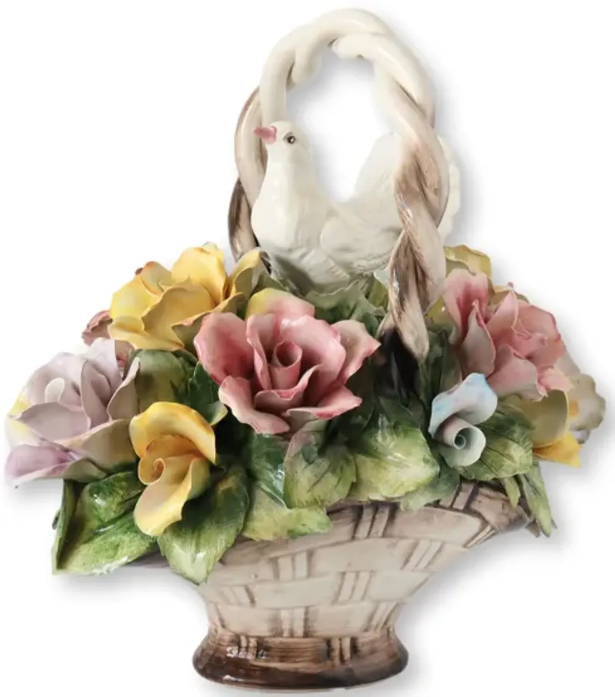 Italian Capodimonte Flower Basket w/Dove - Handcrafted