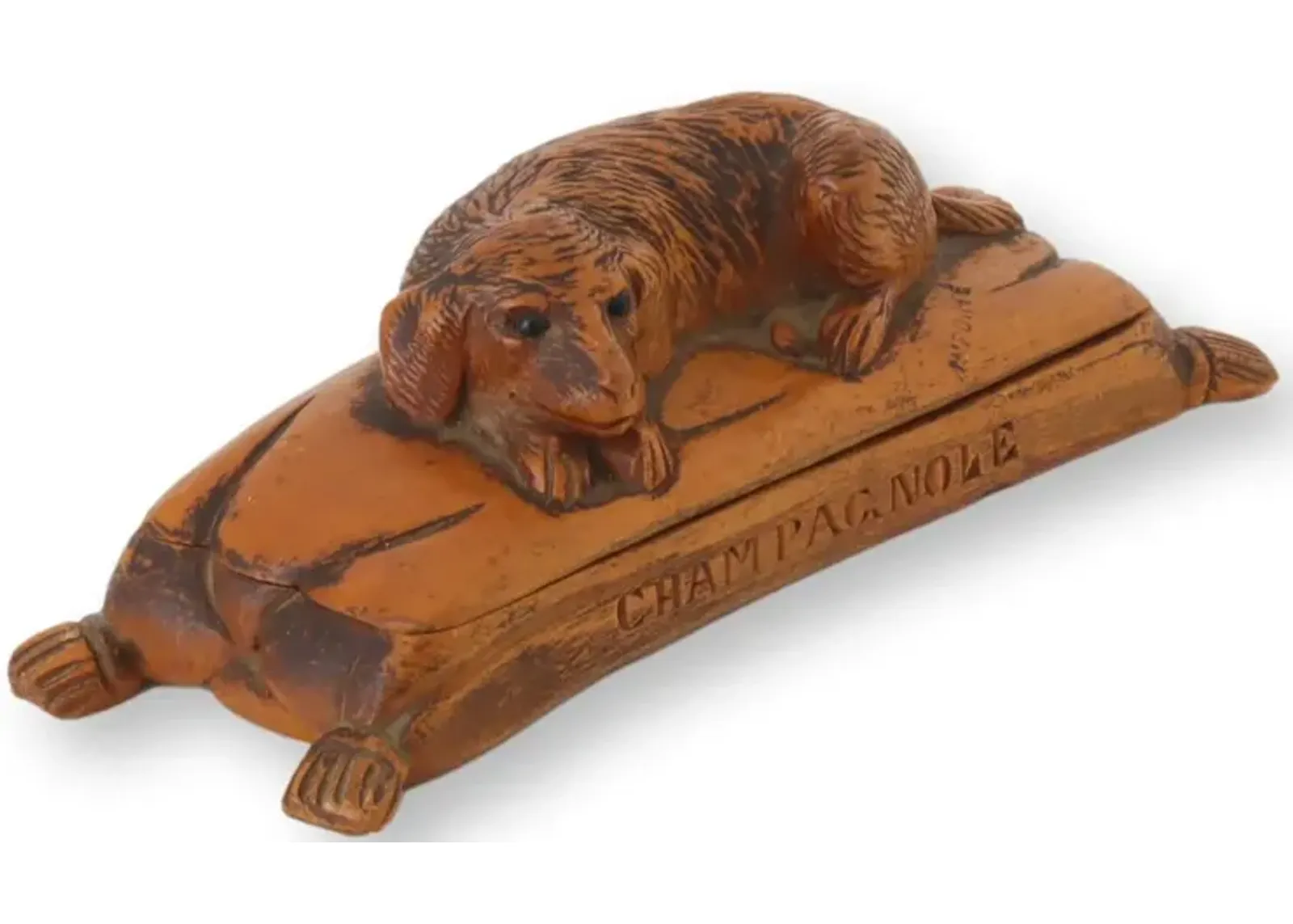 Antique French Carved Stamp Box with Dog