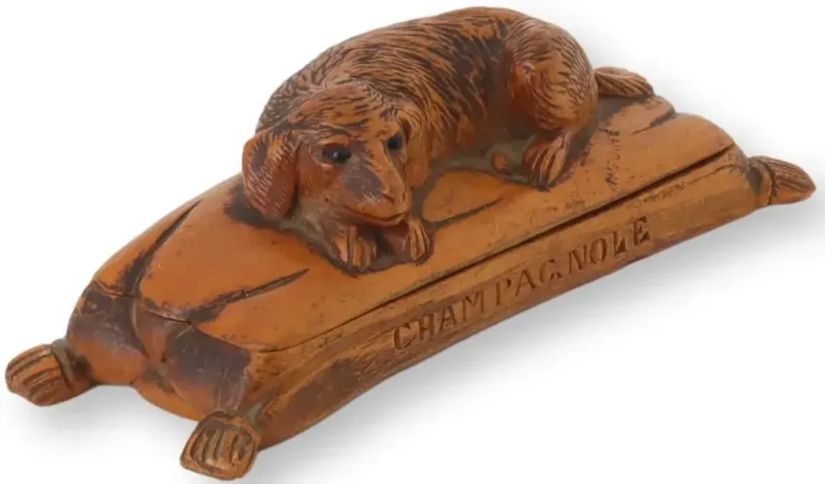 Antique French Carved Stamp Box with Dog