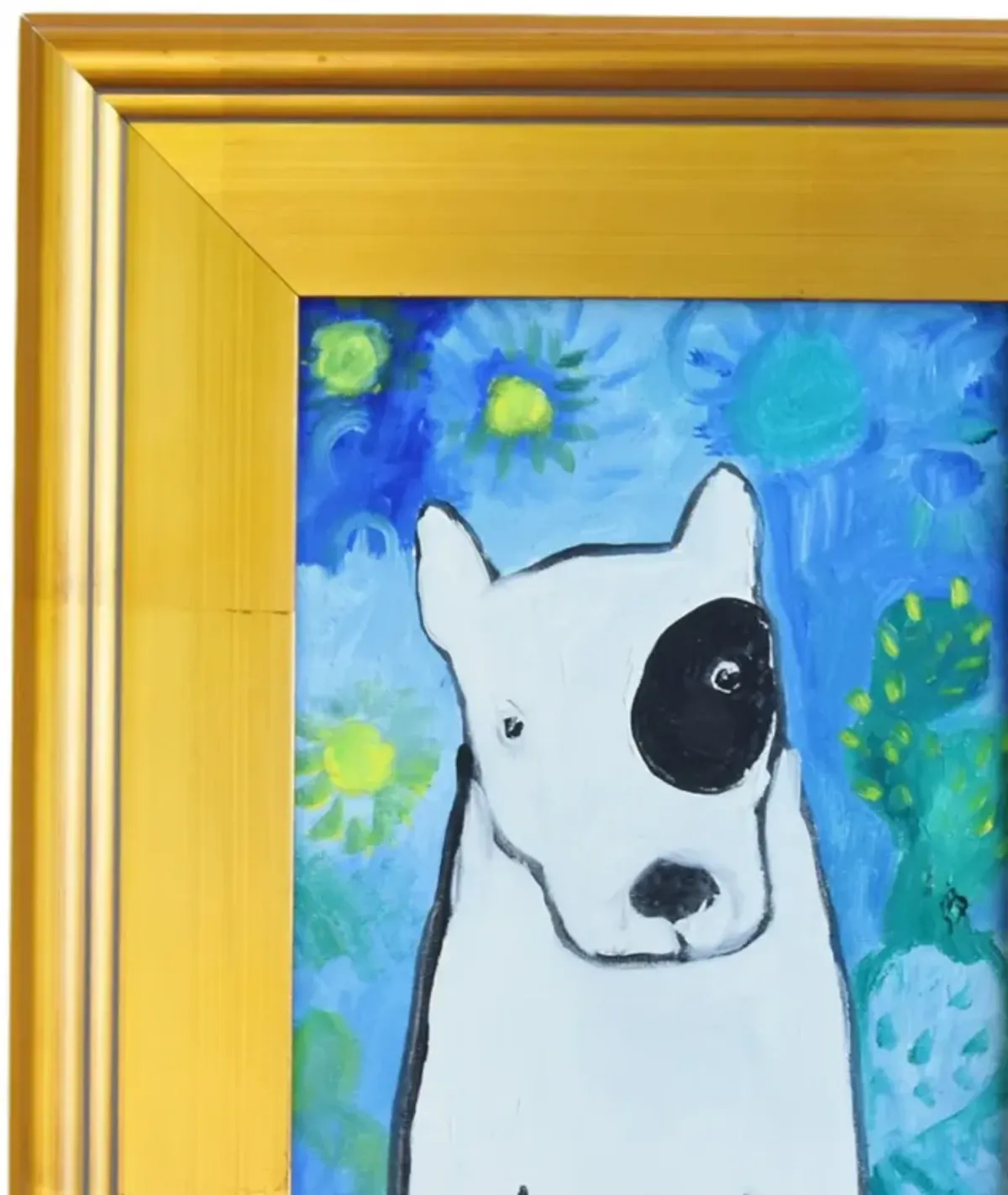 Folk Art Doggie Dog Puppy Oil Painting - Blue