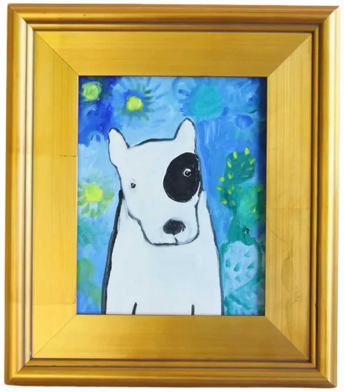 Folk Art Doggie Dog Puppy Oil Painting - Blue