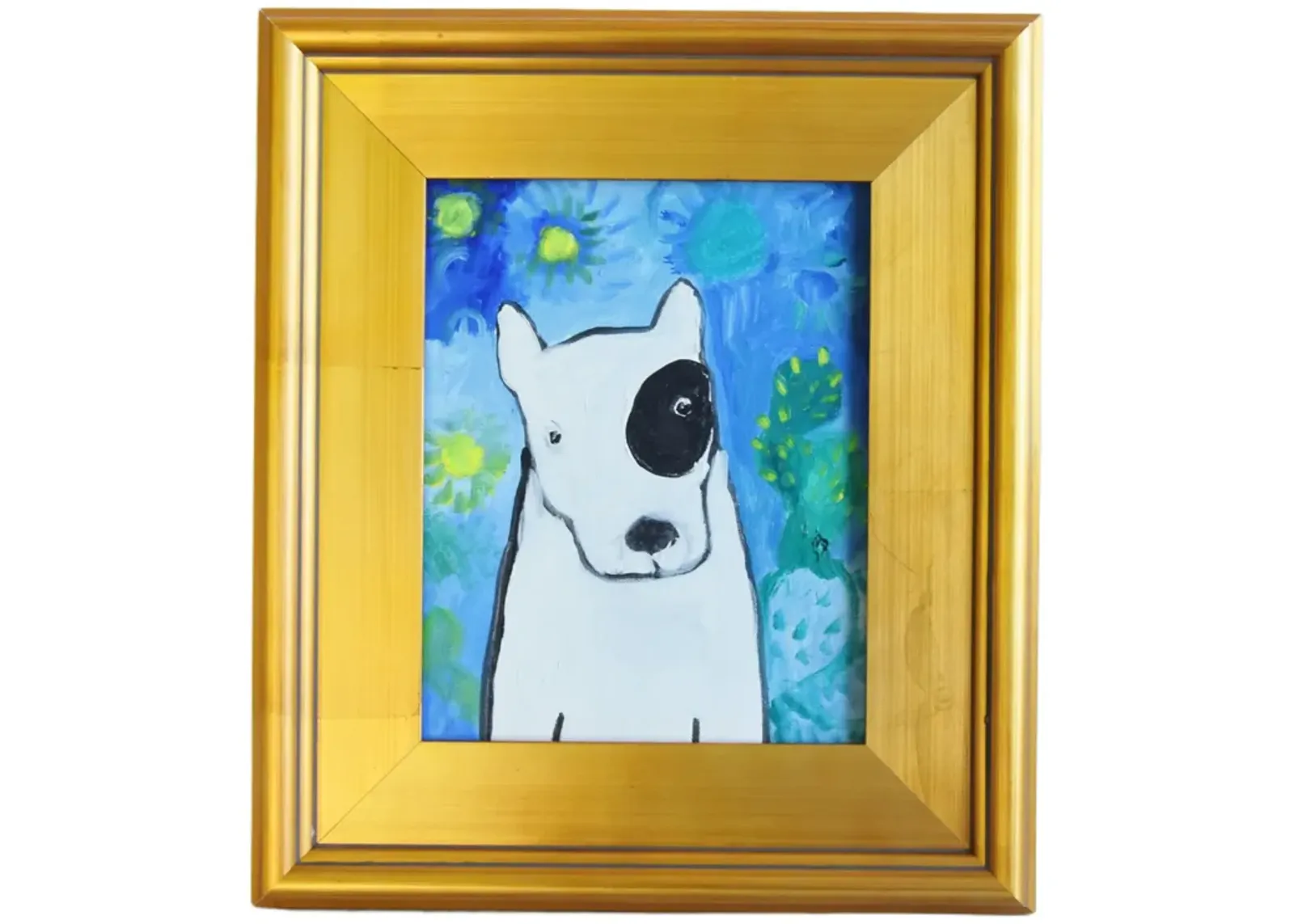 Folk Art Doggie Dog Puppy Oil Painting - Blue