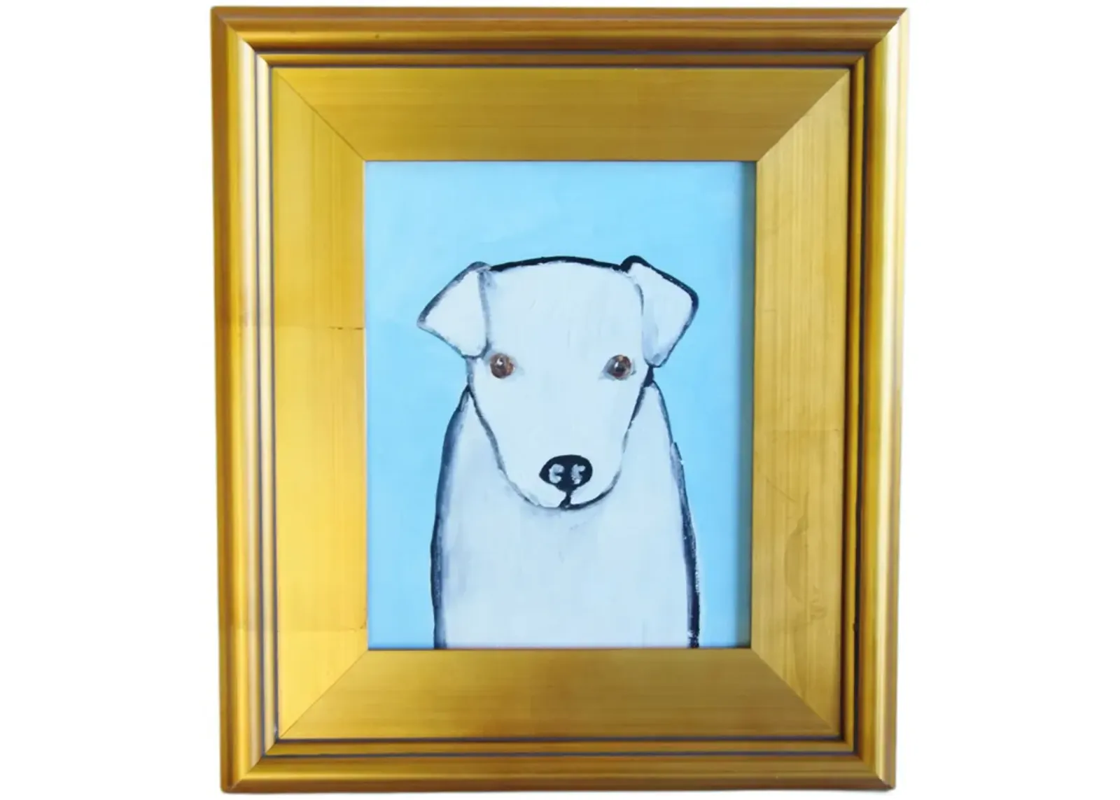 Folk Art Doggie Dog Puppy Oil Painting - Blue