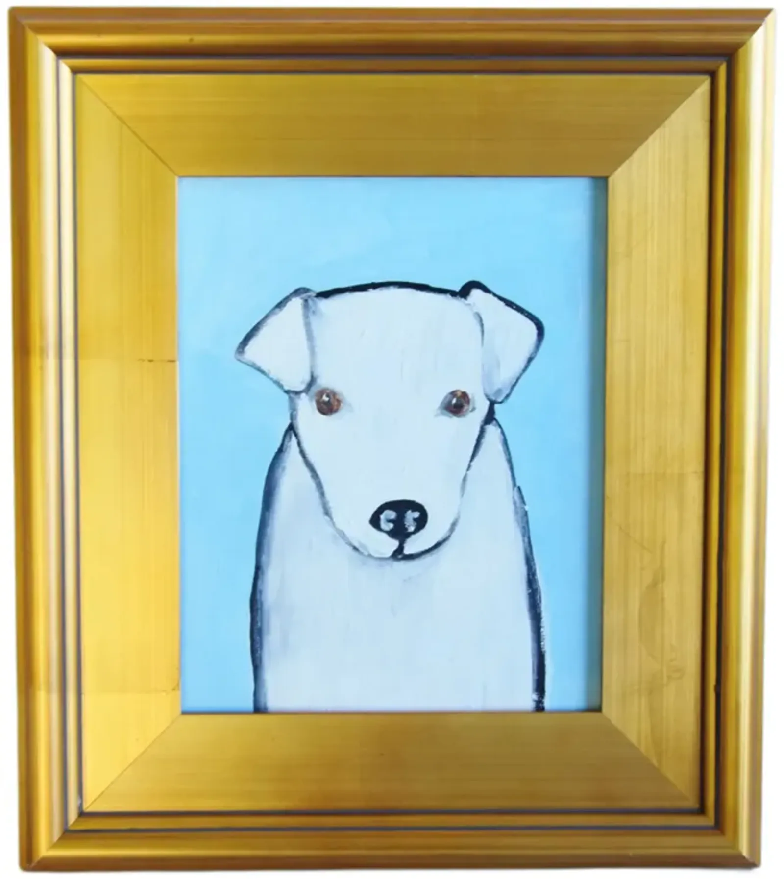 Folk Art Doggie Dog Puppy Oil Painting - Blue