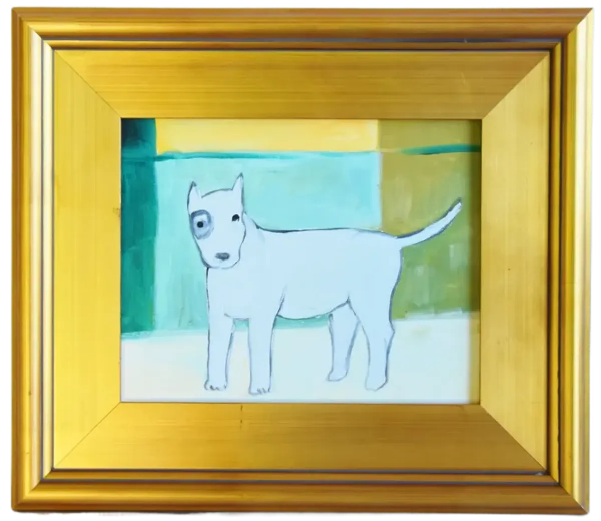 Folk Art Doggie Dog Puppy Oil Painting - Blue