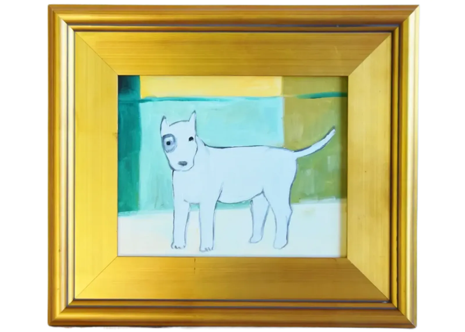 Folk Art Doggie Dog Puppy Oil Painting - Blue