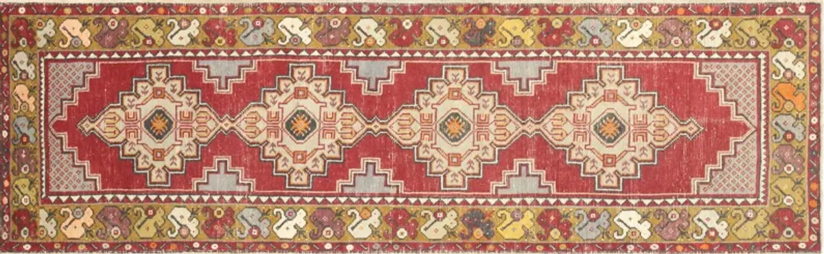 1960s Turkish Oushak Runner -2'11"x9'7" - Red