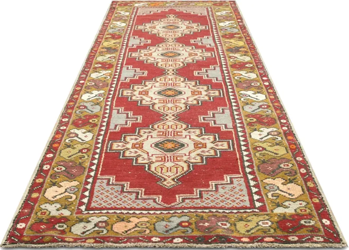 1960s Turkish Oushak Runner -2'11"x9'7" - Red