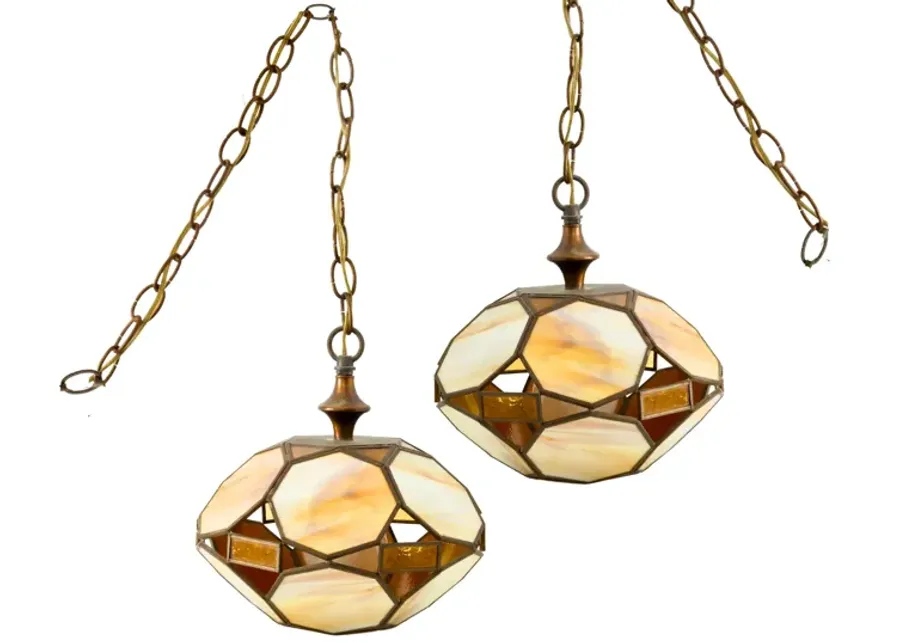 1970s Leaded Glass Pendant Lamps - Set of 2 - Brown