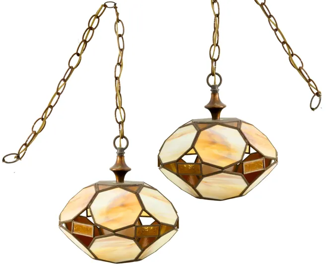 1970s Leaded Glass Pendant Lamps - Set of 2 - Brown