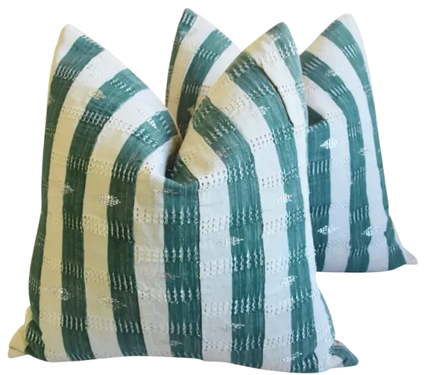 India Green & Beige Striped Pillows - Set of 2