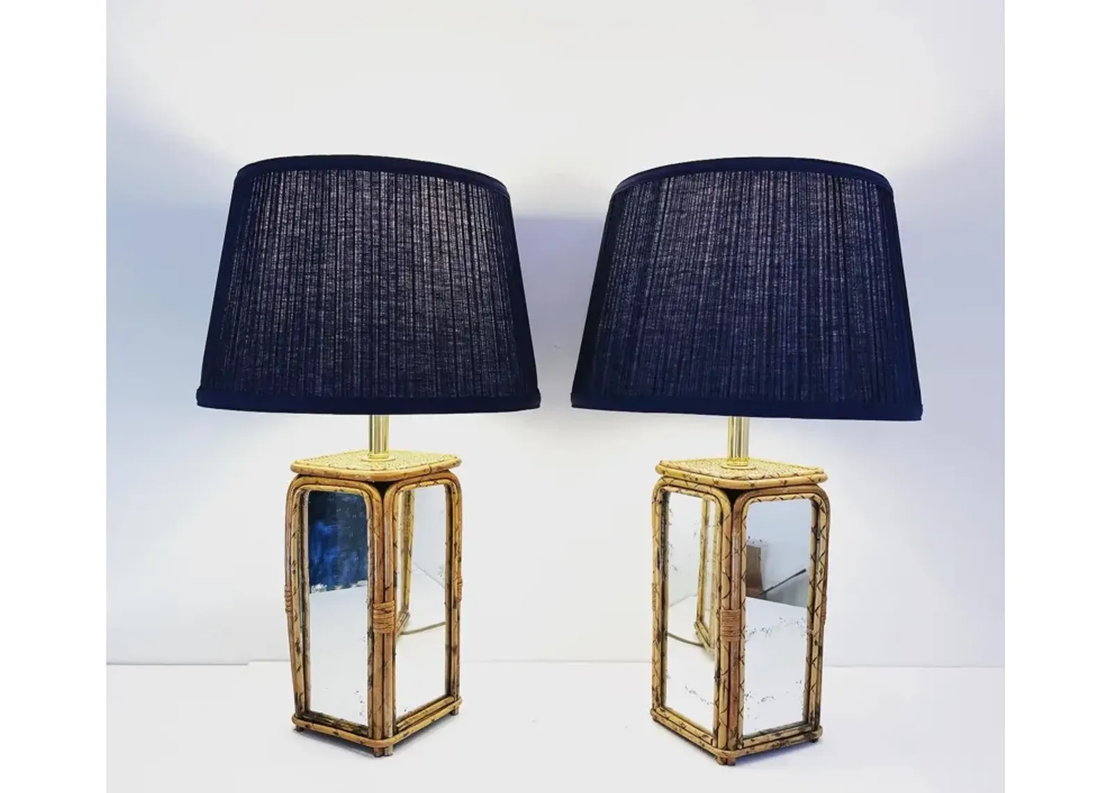 Mirrored Bamboo Lamps w/Shades - Set of 2 - Blue