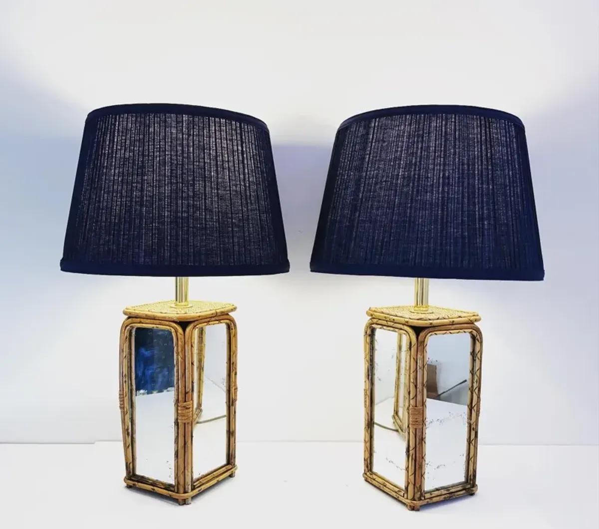 Mirrored Bamboo Lamps w/Shades - Set of 2 - C the Light Interiors - Blue