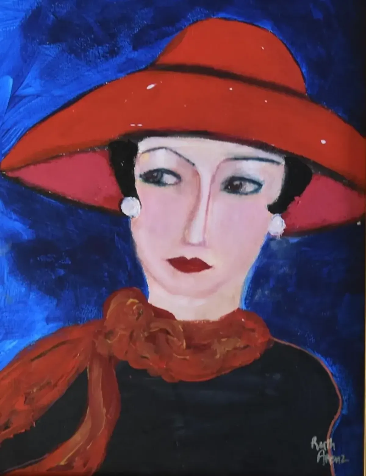 French Mademoiselle Red Hat Portrait - Blue