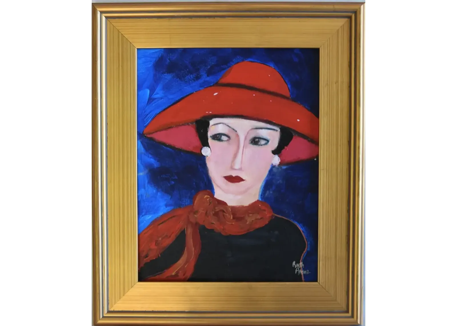 French Mademoiselle Red Hat Portrait - Blue