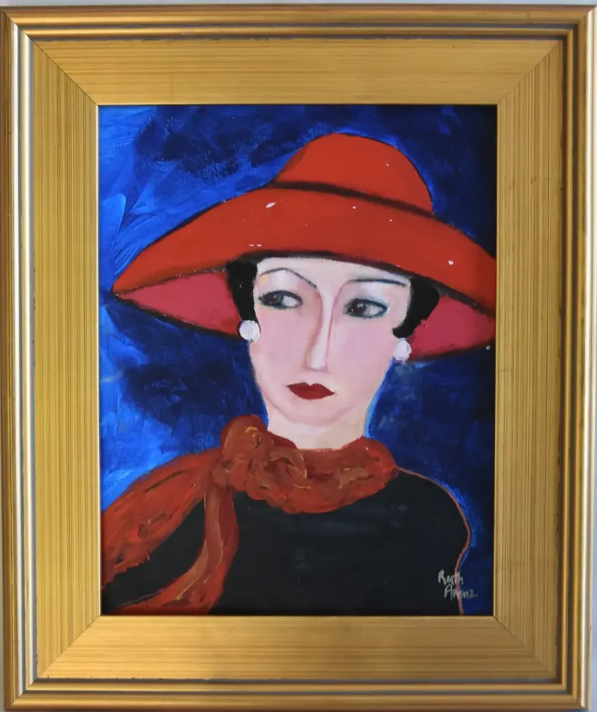 French Mademoiselle Red Hat Portrait - Blue