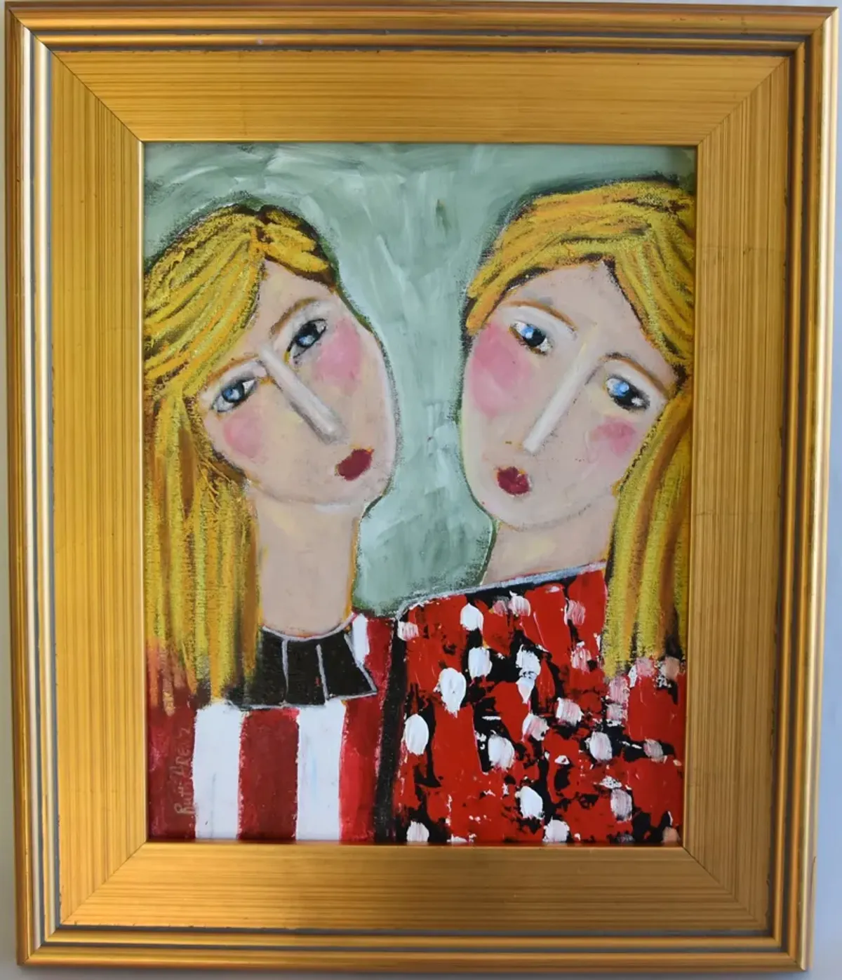 French Twin Sisters Blonde Hair Portrait - Yellow