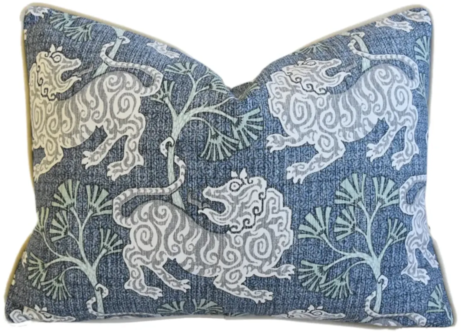 Chinoiserie Asian Blue Gray Lion Pillow