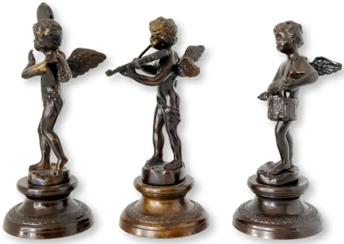 Bronzed Cherub Musician Statuettes - Set of 3 - Rose Victoria - Brown