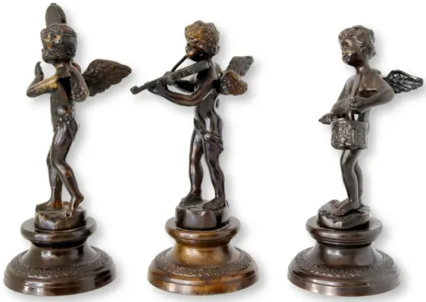 Bronzed Cherub Musician Statuettes - Set of 3 - Rose Victoria - Brown
