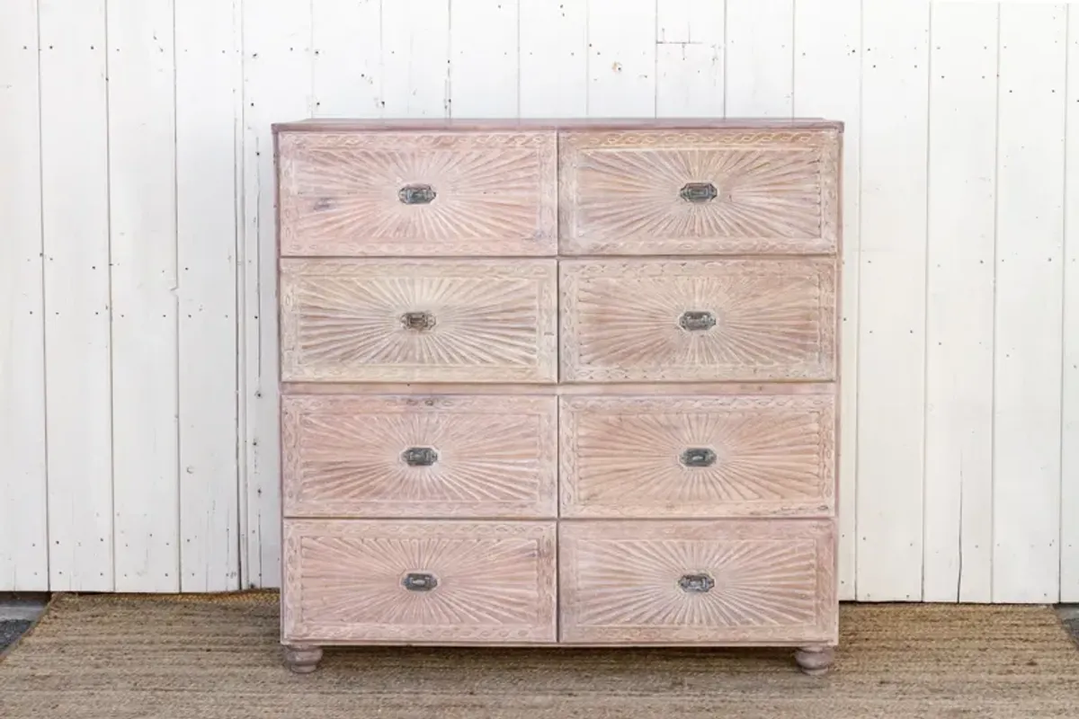 Large Carved Teak Sunburst Dresser - de-cor - White