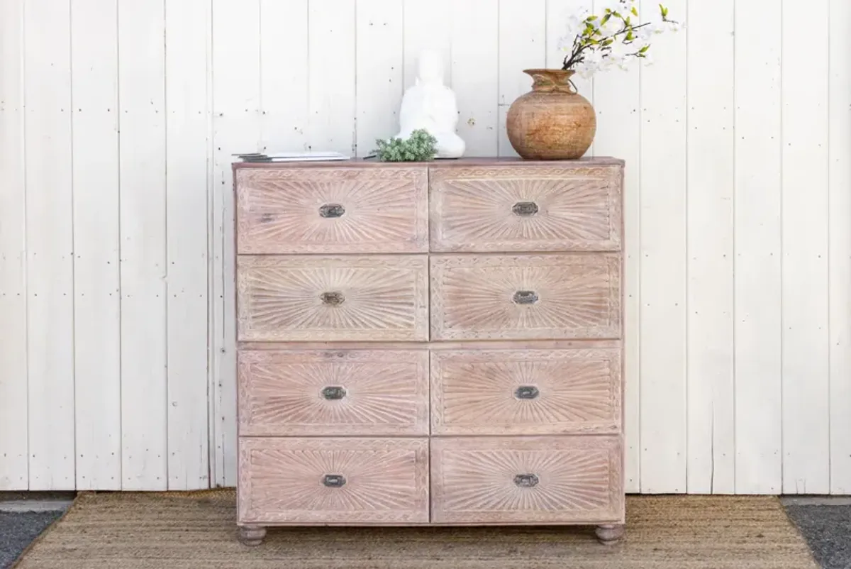 Large Carved Teak Sunburst Dresser - White