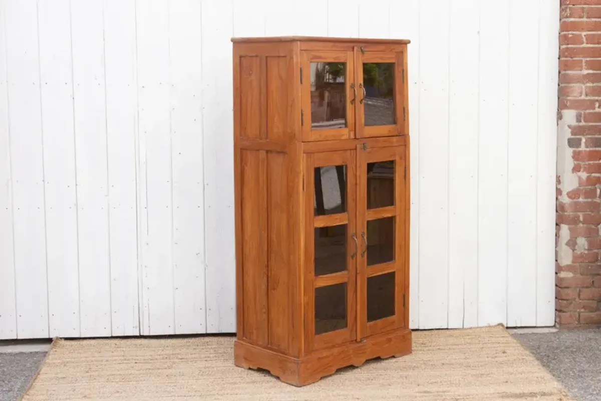 Tall Golden Teak Glass Cabinet - Brown