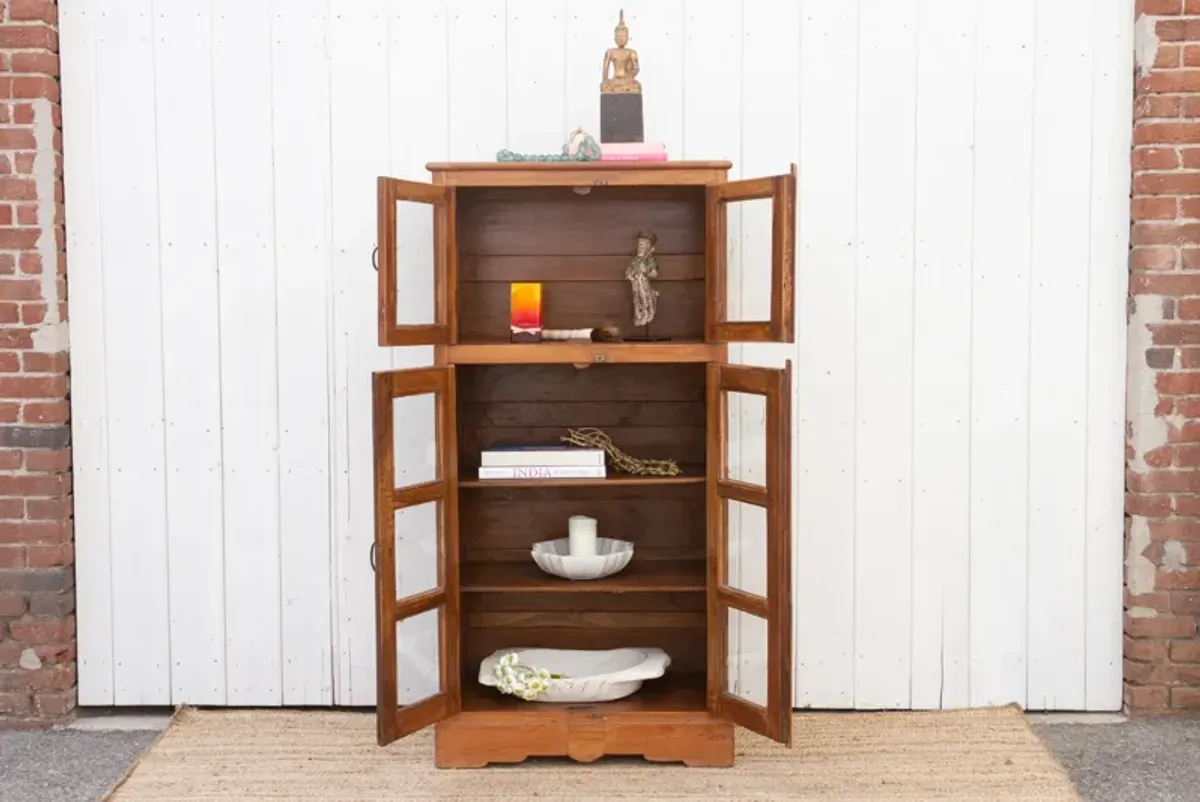 Tall Golden Teak Glass Cabinet - Brown