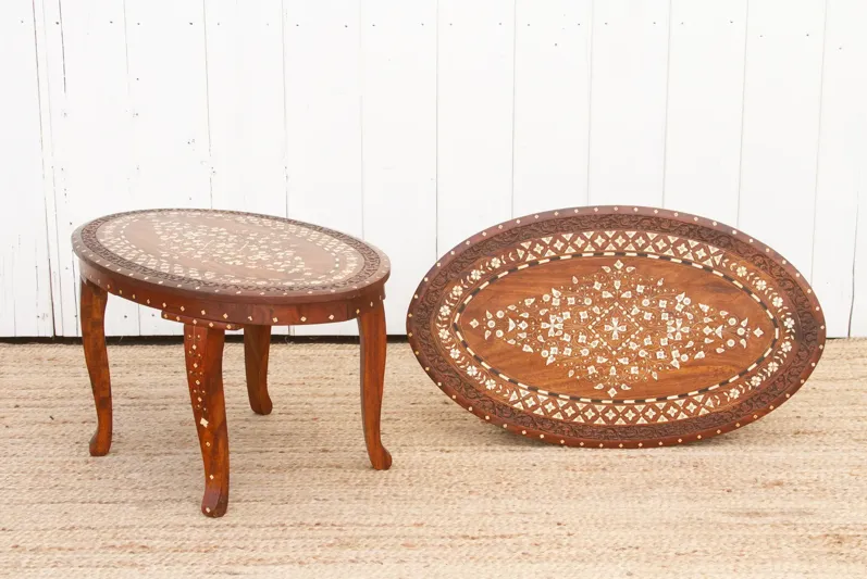 Set of Two - Carved & Inlay End Tables - Brown