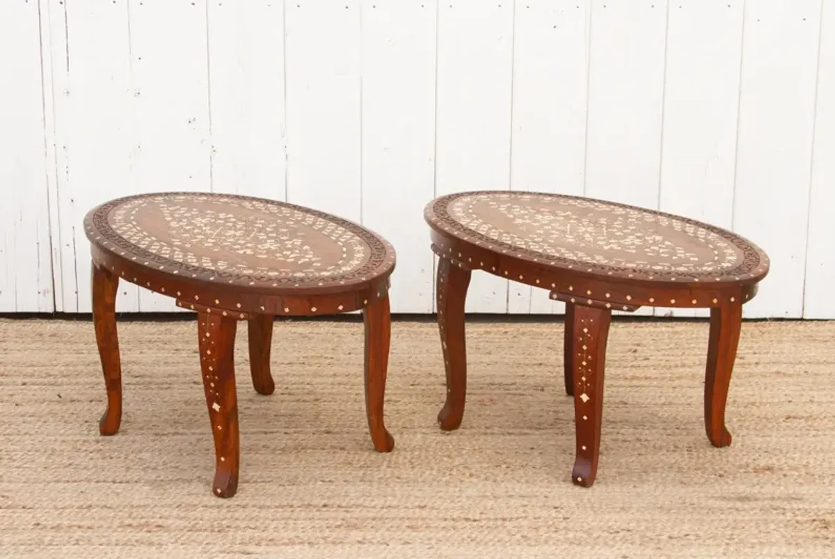 Set of Two - Carved & Inlay End Tables - Brown