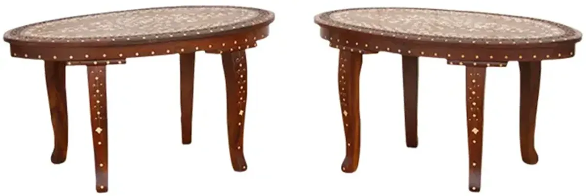 Set of Two - Carved & Inlay End Tables - Brown