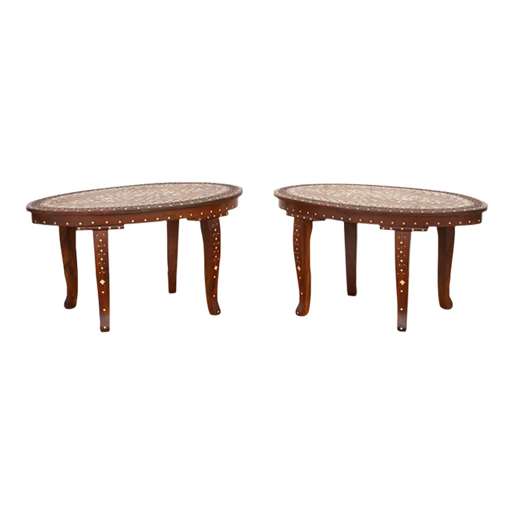 Set of Two - Carved & Inlay End Tables - Brown