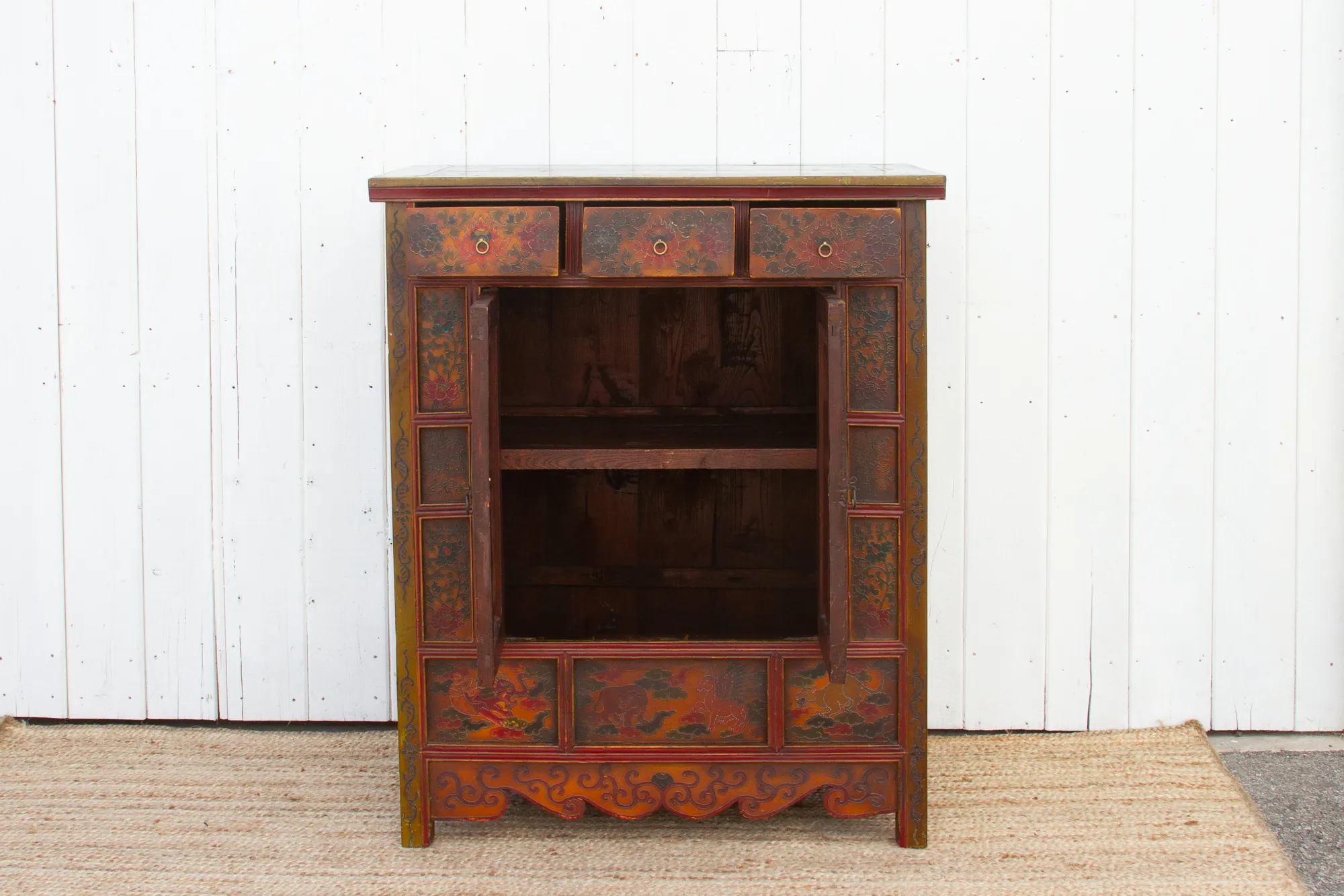 Vintage Mongolian Painted Dragon Cabinet - Yellow