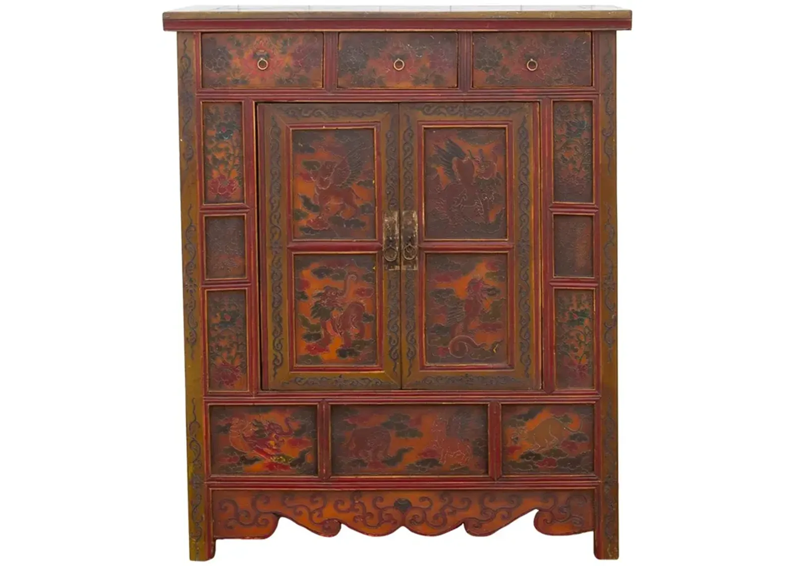 Vintage Mongolian Painted Dragon Cabinet - Yellow