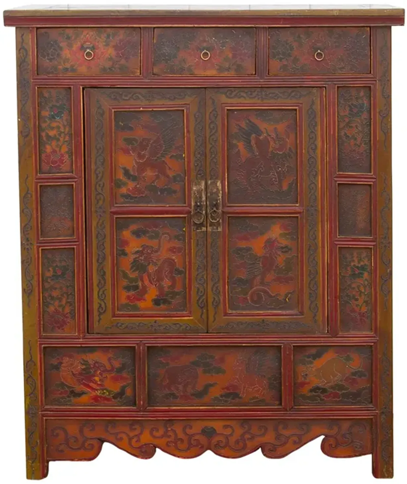 Vintage Mongolian Painted Dragon Cabinet - Yellow