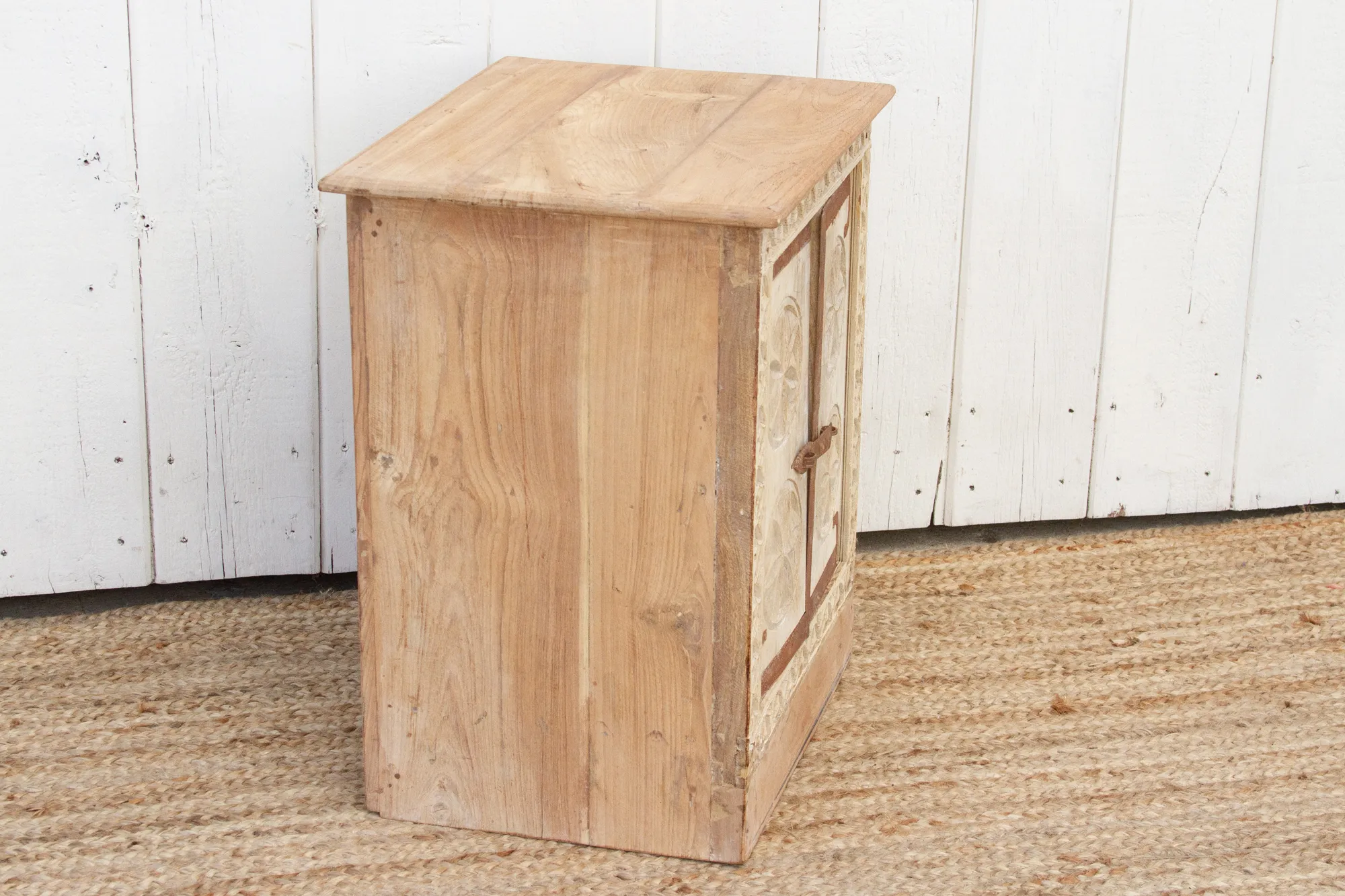 Small Bleached Wood Carved Nightstand