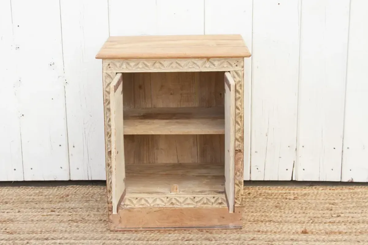 Small Bleached Wood Carved Nightstand