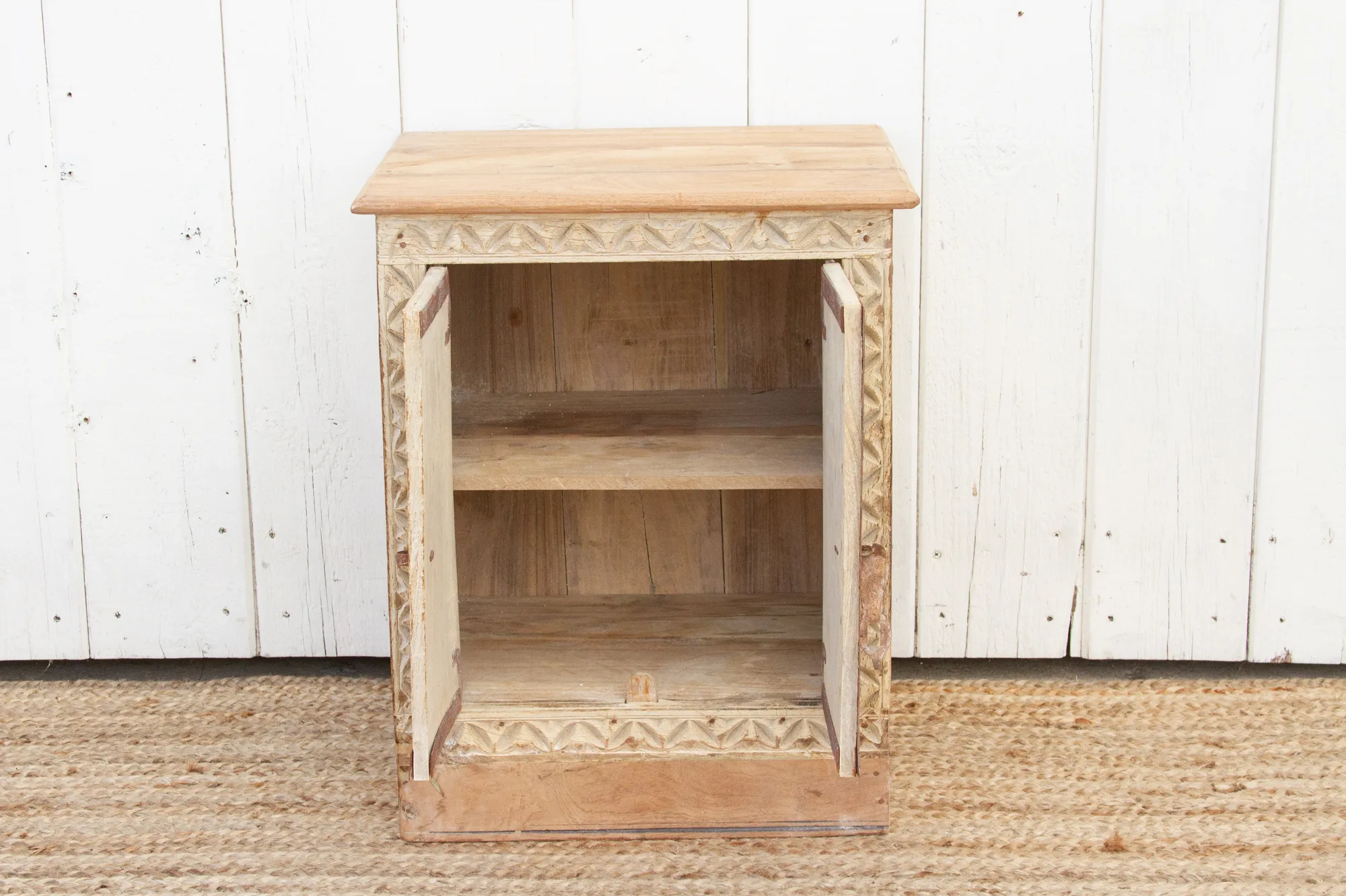 Small Bleached Wood Carved Nightstand