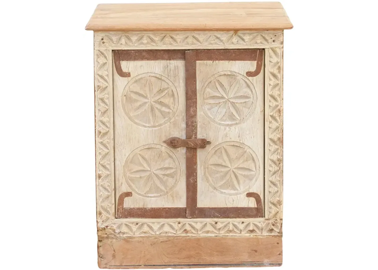 Small Bleached Wood Carved Nightstand