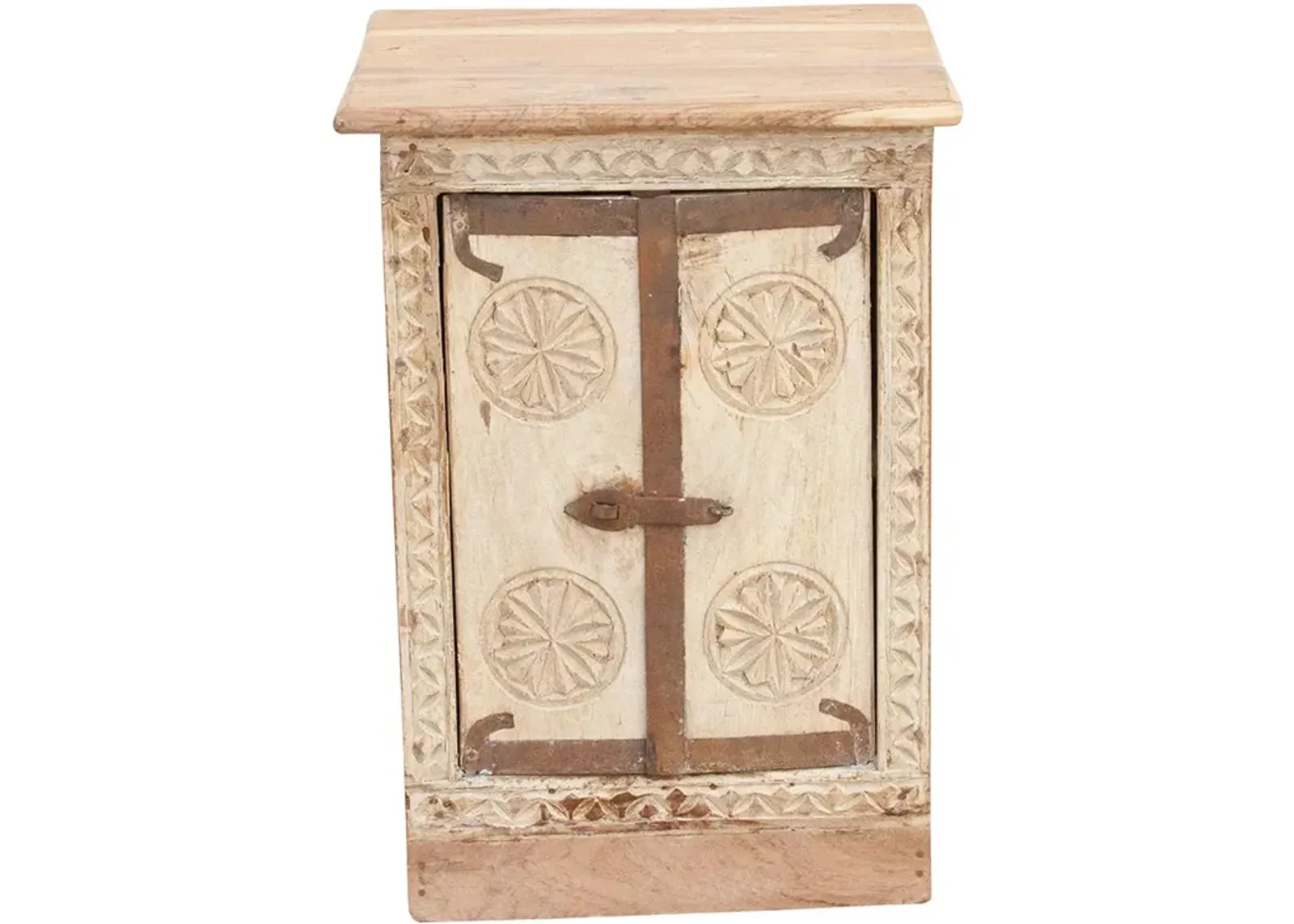 Rustic Carved Bleached Bedside Cabinet - Brown